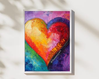 Rainbow Heart Wall Art: Textured Abstract Love Print (Digital Download