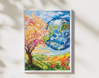 Spring Earth Art Print: Impressionistic Flower Field Landscape (Digital Download 1024x1024 px JPG File)