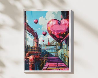 Pink Heart Factory Art Print: Industrial Love Surreal Poster (Digital Download)