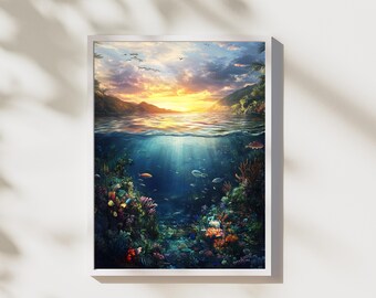Ocean Sunset Coral Reef Print: Tropical Marine Life Wall Art (Digital Download)
