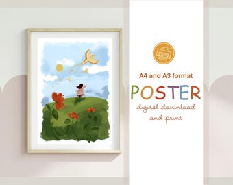 May include: Framed art print featuring a whimsical illustration of a child flying a kite on a green hill under a blue sky with a yellow sun. The poster includes the text "POSTER digital download and print" and is available in A4 and A3 formats.