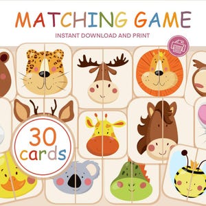 Puede incluir: Un juego de emparejar colorido con caras de animales, incluyendo un oso, un león y una jirafa. El juego incluye 30 cartas y el texto "MATCHING GAME" y "INSTANT DOWNLOAD AND PRINT".