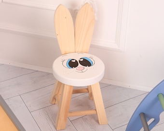 Kinderhasenstuhl, Holzhocker mit Tiermotiven und Rückenlehne, Montessori-Möbel, Babypartygeschenk, Kindermöbel, Kinderzimmer