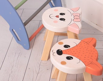 Holzstuhl mit Tieren, Montessori-Möbel, Babystuhl mit Katze, Fuchs, Kinderspielzimmer, Holzhocker, Kleinkindmöbel, Kinderzimmer