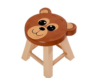 Holzkinderstuhl mit Tieren, Kinderstuhl mit Bär, Montessori-Möbel, Kinderspielzimmer, Holzhocker für Kleinkinder, Kinderzimmer