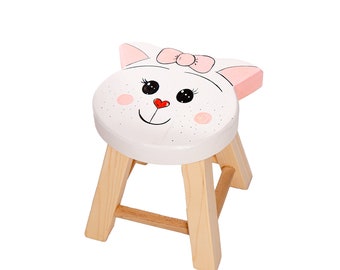 Baby Stuhl mit Katze, Kinder Holzstuhl mit Tieren, Montessori Möbel, Kinder Spielzimmer, Holzhocker für Kleinkinder, Kinderzimmer