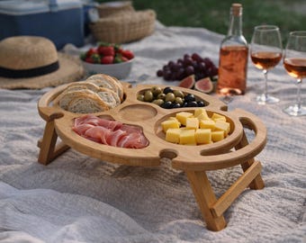 Weintisch klapstang Holz | Picknicktafel | Serviertablet Buche | Weinglashalter Outdoor | Cadeau Weinliebhaber Käsebrett Picknick