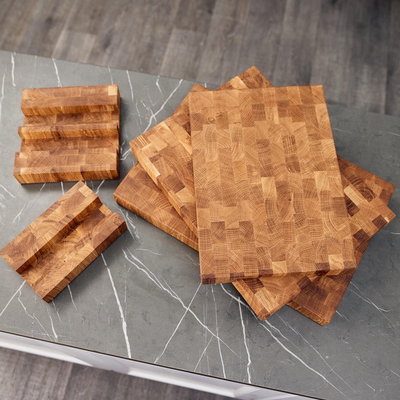 Oak Cutting Board with Stand, End Grain Charcuterie Board, Housewarming Gift, Chopping Board, Meat Cheese Wood Serving Board, New Home Gift