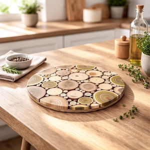 Topfuntersetzer aus Naturholz, Holzuntersetzer heiße Töpfe, Geschenk zum Einzug, Rustikale Küchendeko, Einweihungsgeschenk, Tischschutz 2er Set – Rund