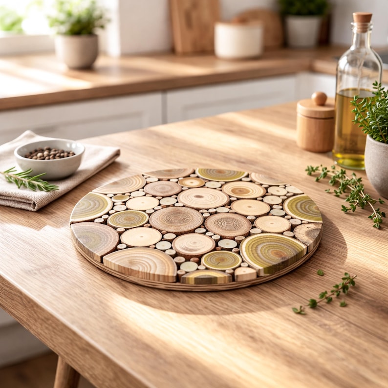 Topfuntersetzer aus Naturholz, Holzuntersetzer heiße Töpfe, Geschenk zum Einzug, Rustikale Küchendeko, Einweihungsgeschenk, Tischschutz 2er Set – Rund