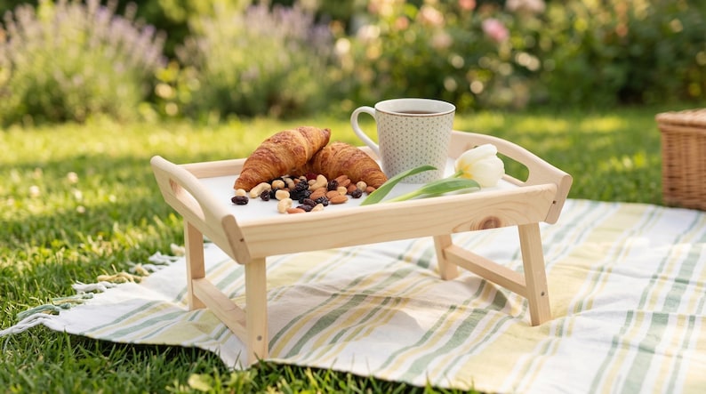 Frühstückstablett aus hellem Holz mit klappbaren Beinen auf einer Picknickdecke im Garten, dekoriert mit Tasse und Gebäck.