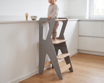Montessori Lernturm Holz höhenverstellbar | Kinder Lernturm Küche | Kitchen Helper Kind | Lernturm sicher & stabil | Geschenk Kinder