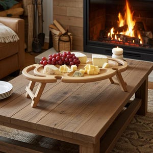 Weintisch klappbar Holz | Picknicktisch tragbar | Serviertablett Buche | Weinglashalter Outdoor | Geschenk Weinliebhaber Käsebrett Picknick image 9