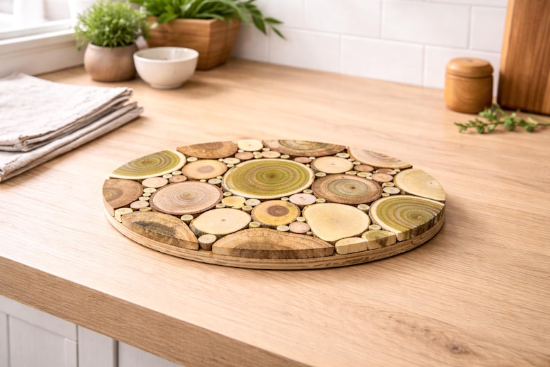Topfuntersetzer aus Naturholz, Holzuntersetzer heiße Töpfe, Geschenk zum Einzug, Rustikale Küchendeko, Einweihungsgeschenk, Tischschutz 2er Set – Oval