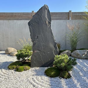 Könnte beinhalten: Ein Zen-Garten mit einem großen, dunkelgrauen Stein als Mittelpunkt. Der Stein ist von kleinen grünen Pflanzen, Moos und hellfarbigem Kies umgeben. Im Hintergrund befinden sich eine Betonmauer und ein Holzzaun.