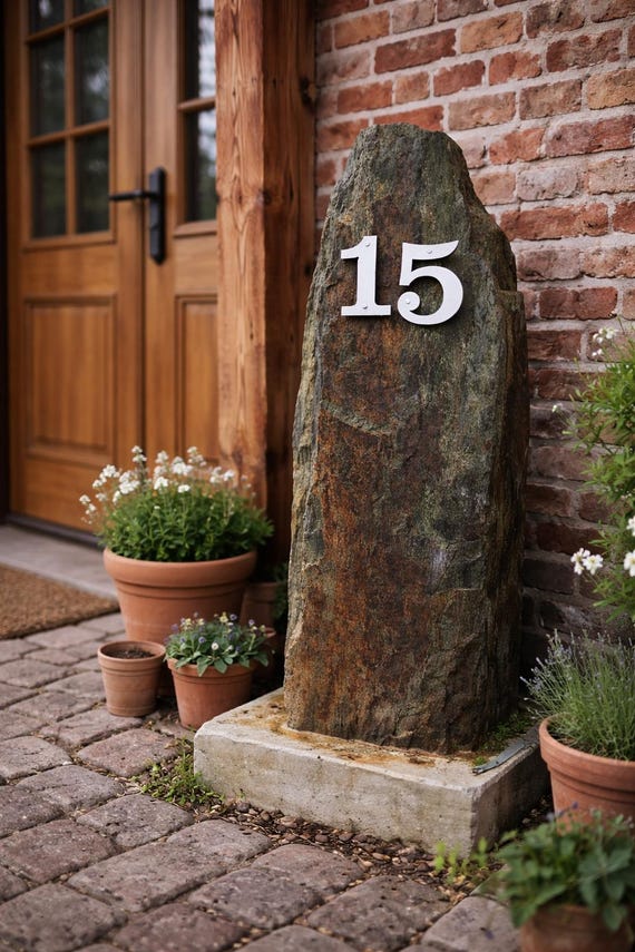 Naturstein mit Hausnummer personalisiert | Rostschiefer Monolith Schiefer Stele mit Betonfuß | Metallzahlen modern Edelstahl Außenbereich