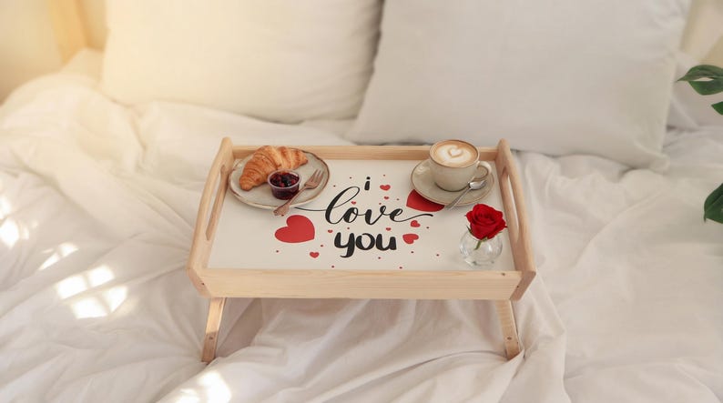 Frühstückstablett mit Love-You-Schriftzug, roten Herzen, Kaffee und Gebäck als romantisches Frühstück im Bett.