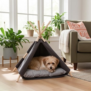 Tipi Zelt für Katzen und kleine Hunde | Wigwam Haustierhaus aus Holz & Fleece | Handgefertigt, Gemütlicher Rückzugsort, Tierbett mit Kissen