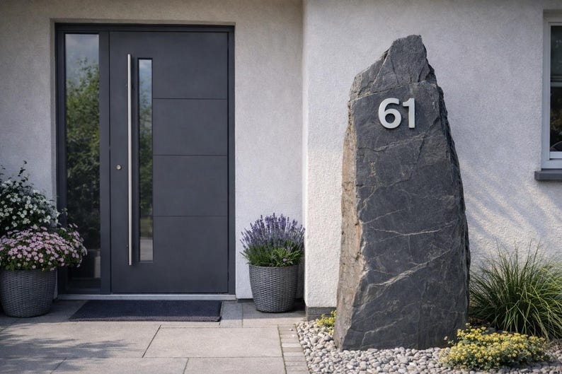May include: A dark gray stone address marker with the number 61 in silver. The marker stands in front of a dark gray door and a white wall. Potted plants and a doormat are also visible.