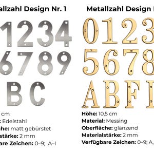 May include: A display of metal house numbers and letters. The first set is silver, with a height of 10 cm. The second set is gold-colored, with a height of 10.5 cm. Both sets include numbers 0-9 and letters, with a thickness of 2 mm.