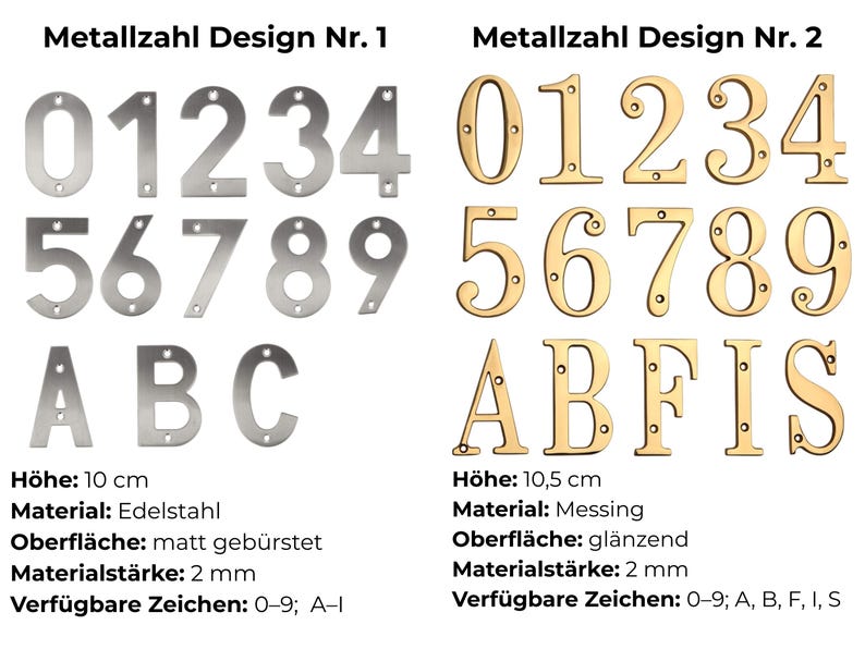 May include: A display of metal house numbers and letters. The first set is silver, with a height of 10 cm. The second set is gold-colored, with a height of 10.5 cm. Both sets include numbers 0-9 and letters, with a thickness of 2 mm.