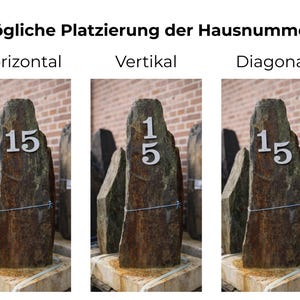 May include: Three stone house number signs with the number 15 in silver. The text at the top says "M&ouml;gliche Platzierung der Hausnummer" and below it are the words "Horizontal", "Vertikal", and "Diagonal".