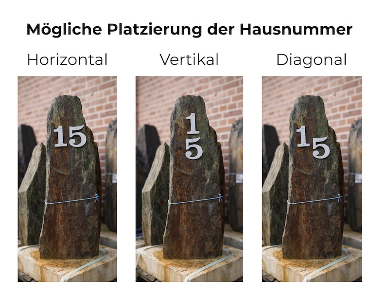 May include: Three stone house number signs with the number 15 in silver. The text at the top says "M&ouml;gliche Platzierung der Hausnummer" and below it are the words "Horizontal", "Vertikal", and "Diagonal".