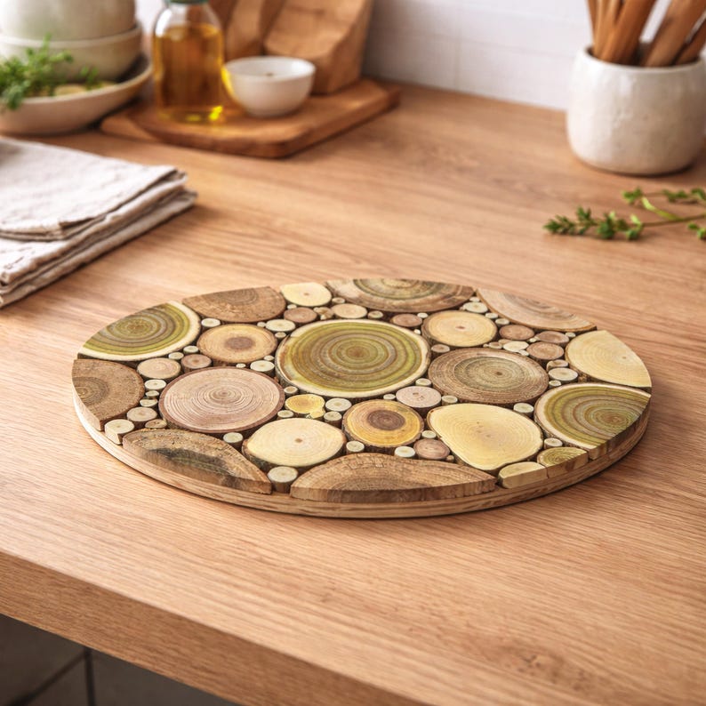 Topfuntersetzer aus Naturholz, Holzuntersetzer heiße Töpfe, Geschenk zum Einzug, Rustikale Küchendeko, Einweihungsgeschenk, Tischschutz Oval – 30 x 16 cm