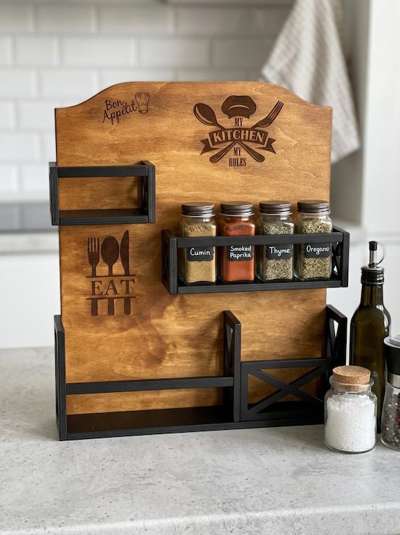 Gewürzregal Holz Zur Wandmontage | Gewürzhalter Küche | Küchenorganizer Aus Birkenholz | Besteckhalter | Einweihungsgeschenk