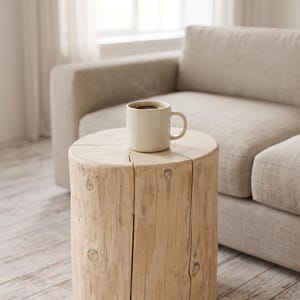 K&ouml;nnte beinhalten: Ein zylindrischer Beistelltisch aus einem hellen Naturholzstamm mit sichtbarer Maserung und Astl&ouml;chern, der eine flache Oberfl&auml;che aufweist. Eine schlichte, cremewei&szlig;e Keramiktasse, gef&uuml;llt mit einem dunklen Getr&auml;nk, steht mittig auf dem Tisch.
