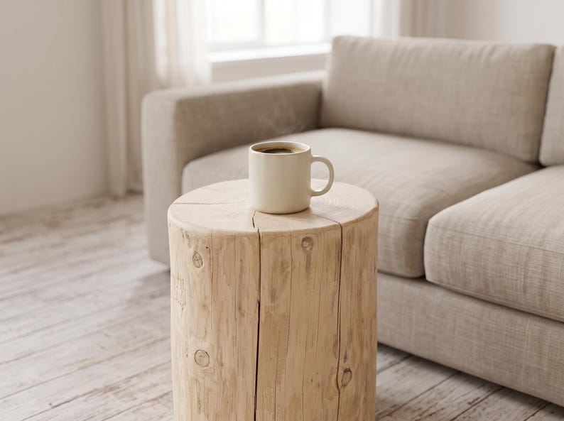 K&ouml;nnte beinhalten: Ein zylindrischer Beistelltisch aus einem hellen Naturholzstamm mit sichtbarer Maserung und Astl&ouml;chern, der eine flache Oberfl&auml;che aufweist. Eine schlichte, cremewei&szlig;e Keramiktasse, gef&uuml;llt mit einem dunklen Getr&auml;nk, steht mittig auf dem Tisch.