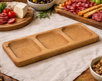 Handmade Beech Wood Serving Tray, Divided Snack Plate, Housewarming Gift