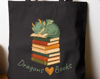 Dragons Love Books Tote | Teacher Librarian Gift | Bookish Canvas Book Bag