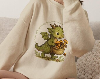 Baby Dragon with Mushrooms in a Basket Sweatshirt | Woodland Fantasy Crewneck