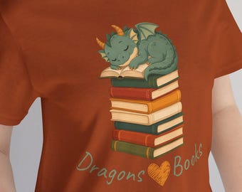 Sleeping Green Dragon on Stack of Books T-Shirt | Bookish Reading Tee
