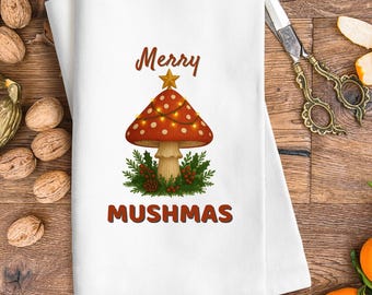 Merry Mushmas Hand Towel | Whimsical Mushroom Christmas Decor