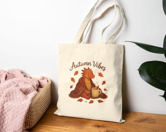 Dragon Tote Bag, Cute Fall Dragon Canvas Bag, Cottagecore Autumn Book Tote, Cozy Dragon Lover Gift, Bookish Reusable Shoulder Bag