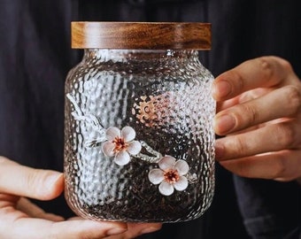 Pot de rangement en verre motif marteau de style japonais avec couvercle en bois d'acacia, récipient de cuisine hermétique