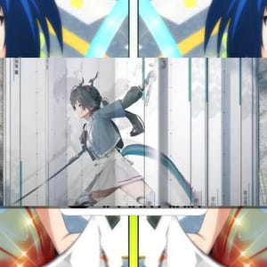 May include: Anime-style illustration of a character in a light blue jacket and white skirt, holding a sword. The background features a modern architectural design. The image is framed by two anime character portraits with blue hair and purple tops.