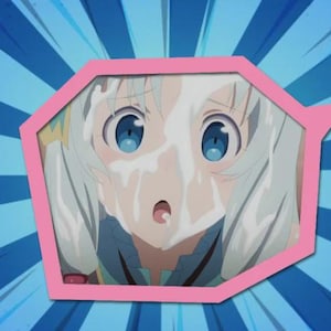 May include: An anime-style illustration of a surprised character with white hair and blue eyes, framed within a pink speech bubble. The character's face is partially obscured by a white substance, set against a blue and white radial background.