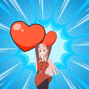 May include: Anime-style illustration of a character holding two large red hearts. The character is wearing a red and black outfit with pink hair. The background is a blue burst design.