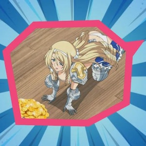 May include: Anime-style illustration of a blonde character in armor, kneeling near a pile of golden coins. The character is framed within a pink polygon against a blue and white radial background.
