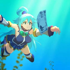 Può includere: Illustrazione in stile anime di un personaggio in un completo blu e bianco, che tiene un oggetto blu sott'acqua. Il personaggio ha i capelli azzurri ed è circondato da uno sfondo blu con alcune piante verdi.