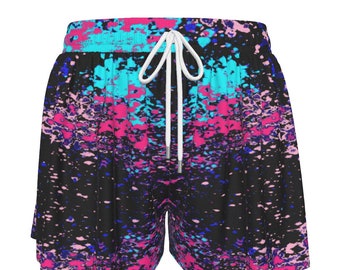 Short Flowey pour femme avec impression d'éclaboussures de peinture d'été avec poche pour téléphone portable en rose, bleu et violet