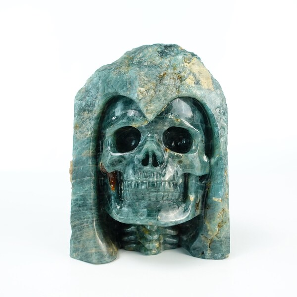 4.8 Inch Skull Statue, Natural Crystal Blue Apatite Stone, Hand Carving Statue, 3D Human Skull Crystal Statue, Reiki Healing, Totem Statue