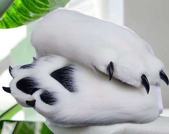 Pattes pour cosplay en costume blanc, Pattes pour costume en fourrure, Pattes duveteuses pour cosplay, Tenue en fourrure pour cosplay, Pattes pour costume de fourrure, Patte à main Kemono