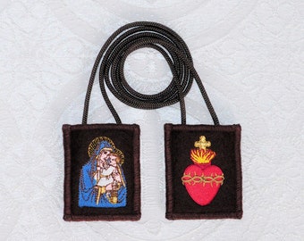 Sacred Heart of Jesus and Mary Embroidered Brown Wool Scapular w/Prayer to The Sacred Heart of Jesus & Mary Blessing Record Medium 2" x 2.5"