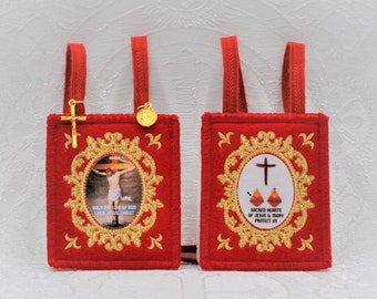 Fivefold Scapular with Vintage 1930’s Wool Straps or Braided Wool Cords, Embroidered Wool Large 3.25" x 2.75" Scapular