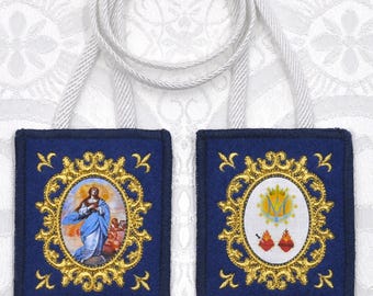Blue Scapular of the Immaculate Conception, Embroidered, Blessing Record, Scapular Promise & Prayer Large 3.25" x 2.75"