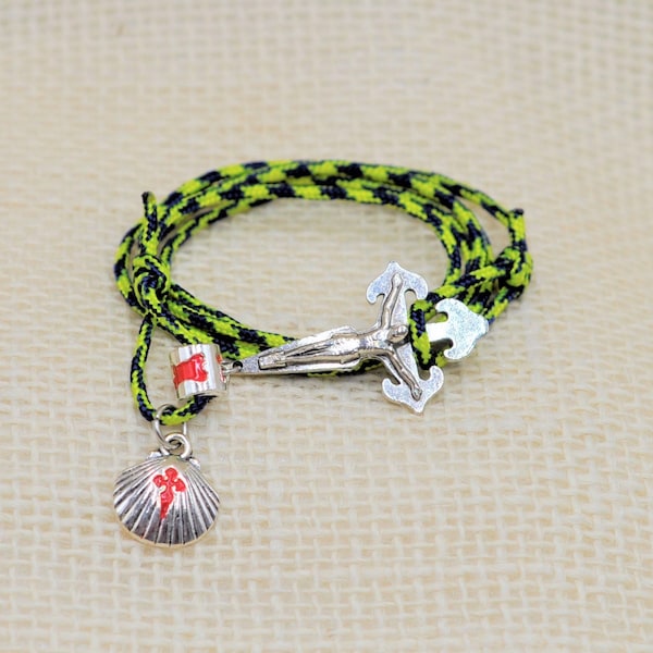 Saint James Pilgrim Bracelet with St. James Scallop Shell Medal Two Adjustable Sizing Knots and Prayer